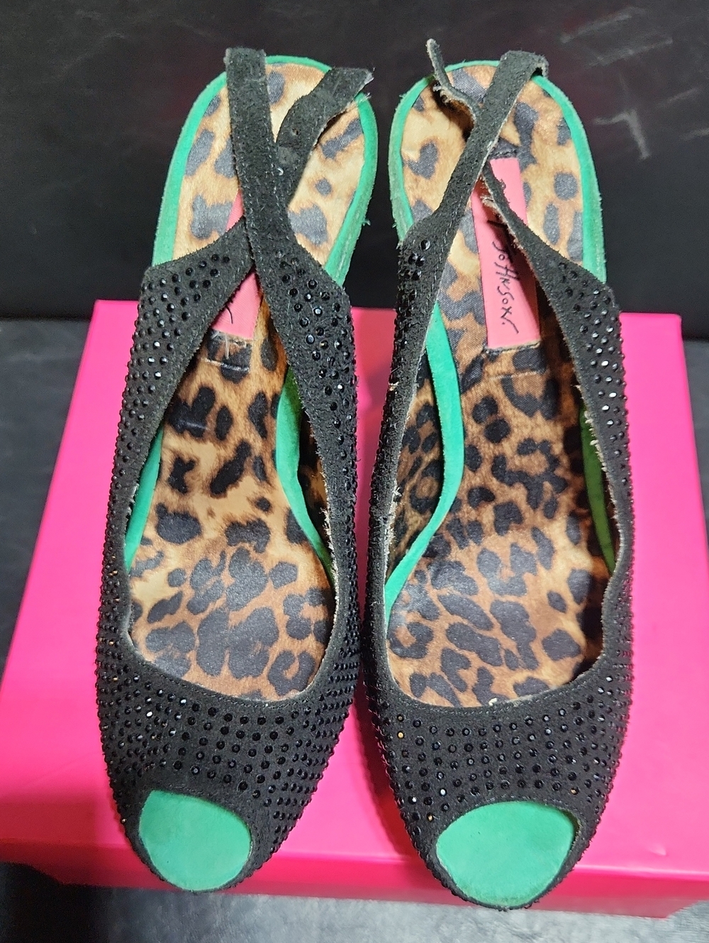 Betsey Johnson Black & Green Embellished Peep-Toe Mules